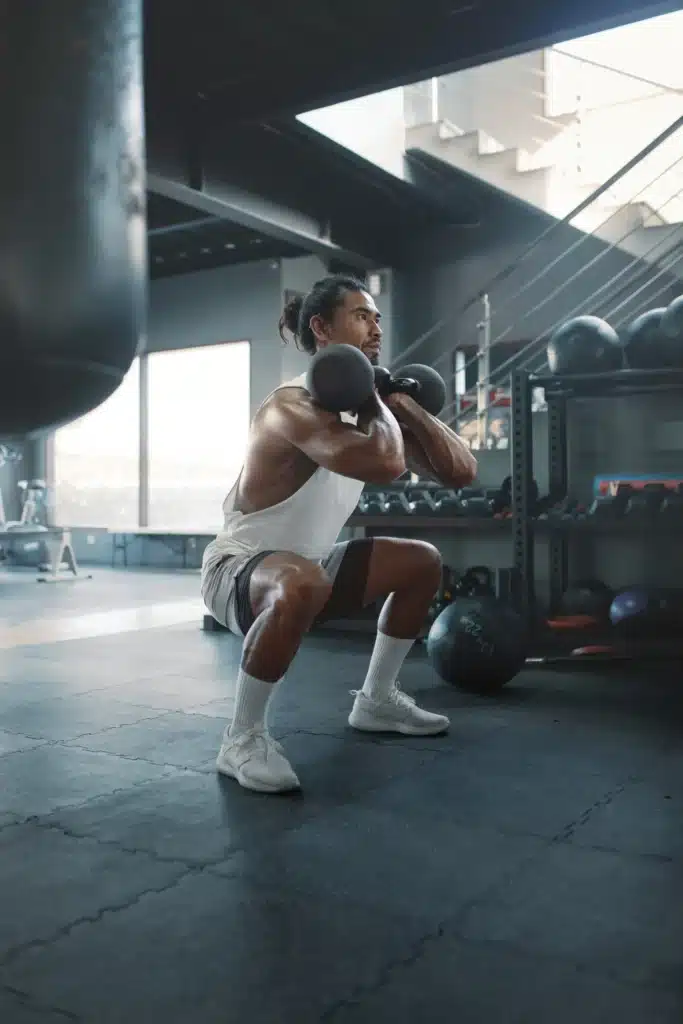 Homme réalisant des squats avec des haltères dans un complexe sportif, mettant en avant les équipements de musculation disponibles.